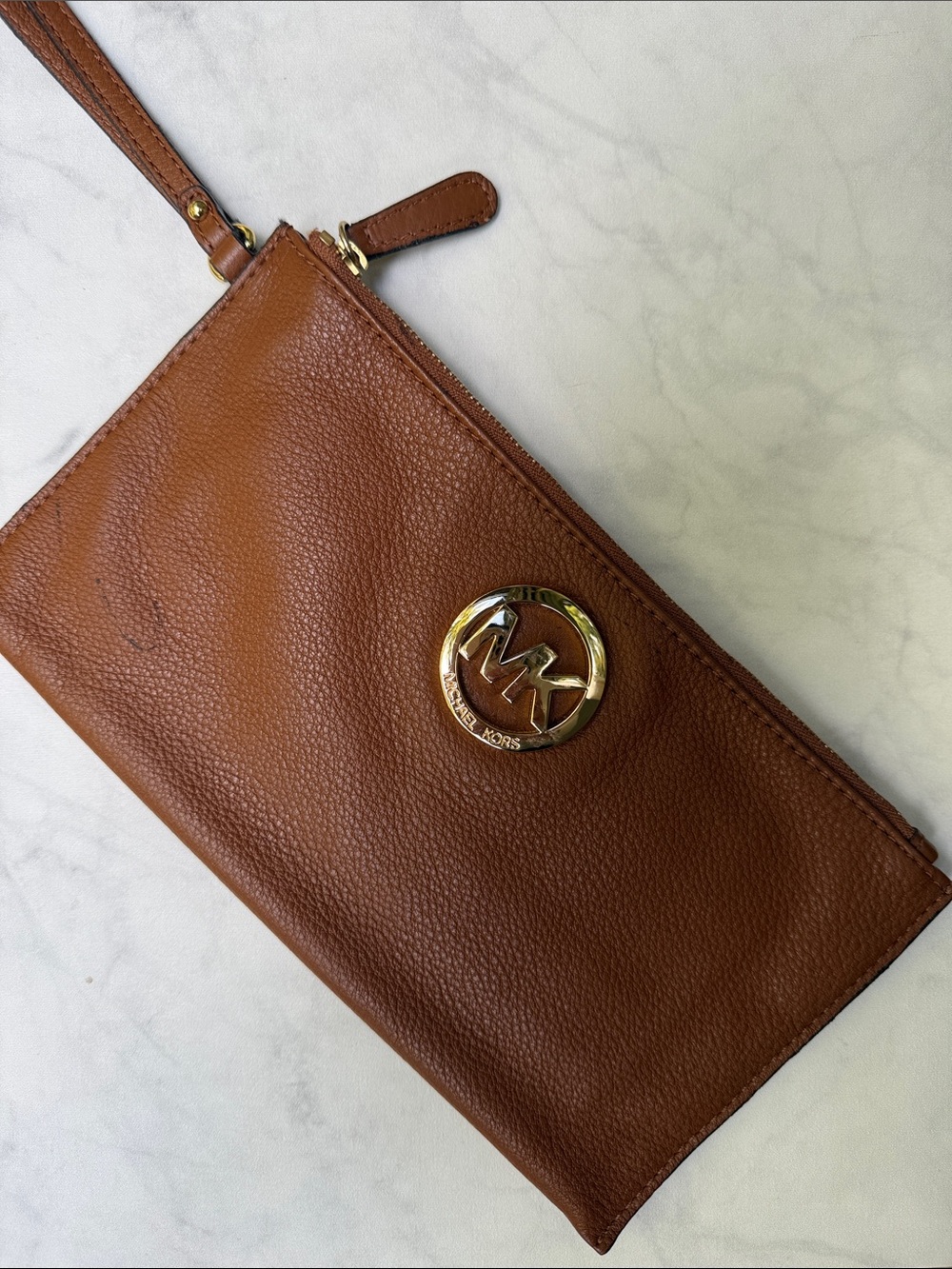 Large Michael Kors Brown Pebbled Leather Wristlet with Gold MK Emblem